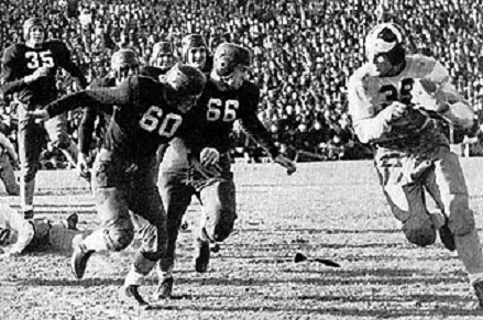 Texas A&M fullback John Kimbrough scoring the winning touchdown in a 14-13 victory over Tulane in the 1940 Sugar Bowl