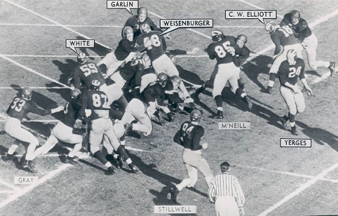 Michigan fullback Jack Weisenburger scores the opening touchdown in a 49-0 rout of Southern Cal in the 1948 Rose Bowl