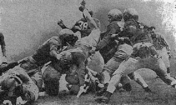 SMU halfback Kyle Rote stopped a foot short of a touchdown in a 27-20 loss to Notre Dame in 1949