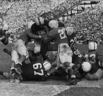 Maryland quarterback Jack Scarbath scoring a touchdown in #3 Maryland's 28-13 win over #1 Tennessee in the 1952 Sugar Bowl