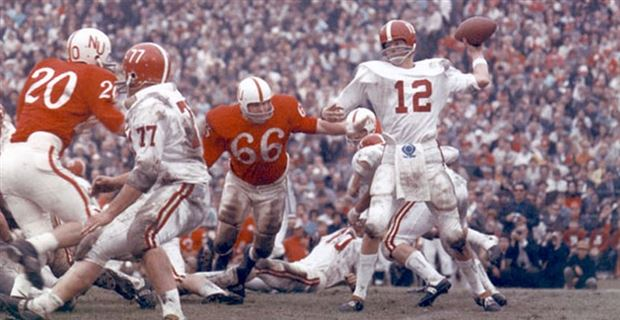 Alabama quarterback Ken Stabler throwing a pass against Nebraska in the 1967 Sugar Bowl
