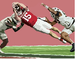 MS-Painting of Indiana quarterback Fernando Mendoza's dive into the end zone to cap a 12 yard touchdown run against Miami in the national championship game